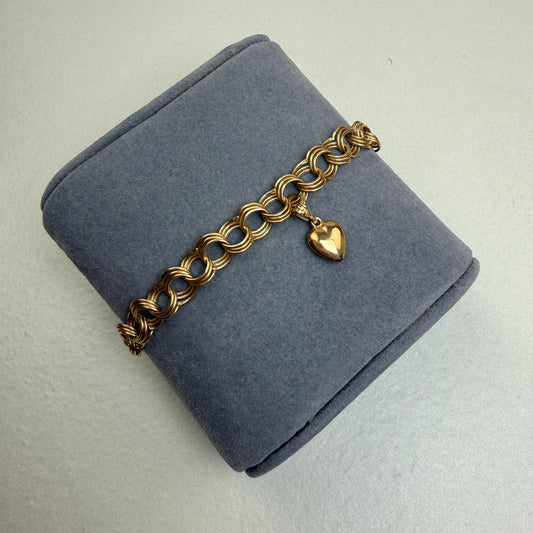 7" Vintage Triple Link Bracelet 14K Yellow Gold 6.75mm 4.31g with Puff Heart Charm