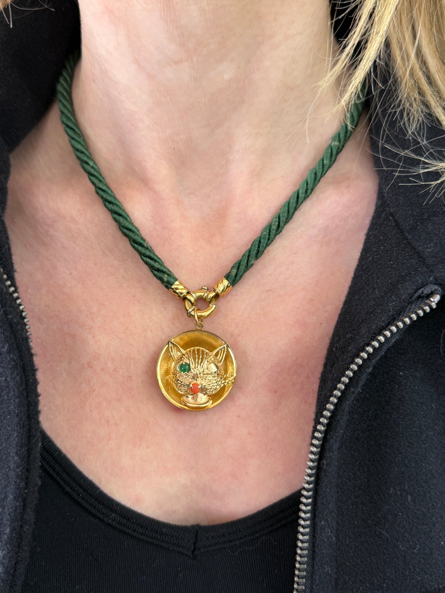 17.5" Vintage Green Silk Cord with 13mm 14K Gold Bolt Clasp