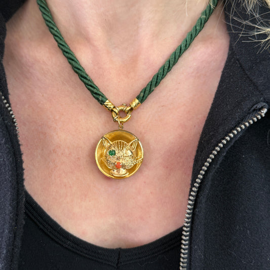 14K Vintage Cheeky Winking Cat Pendant with Emerald and Coral (8.4g)