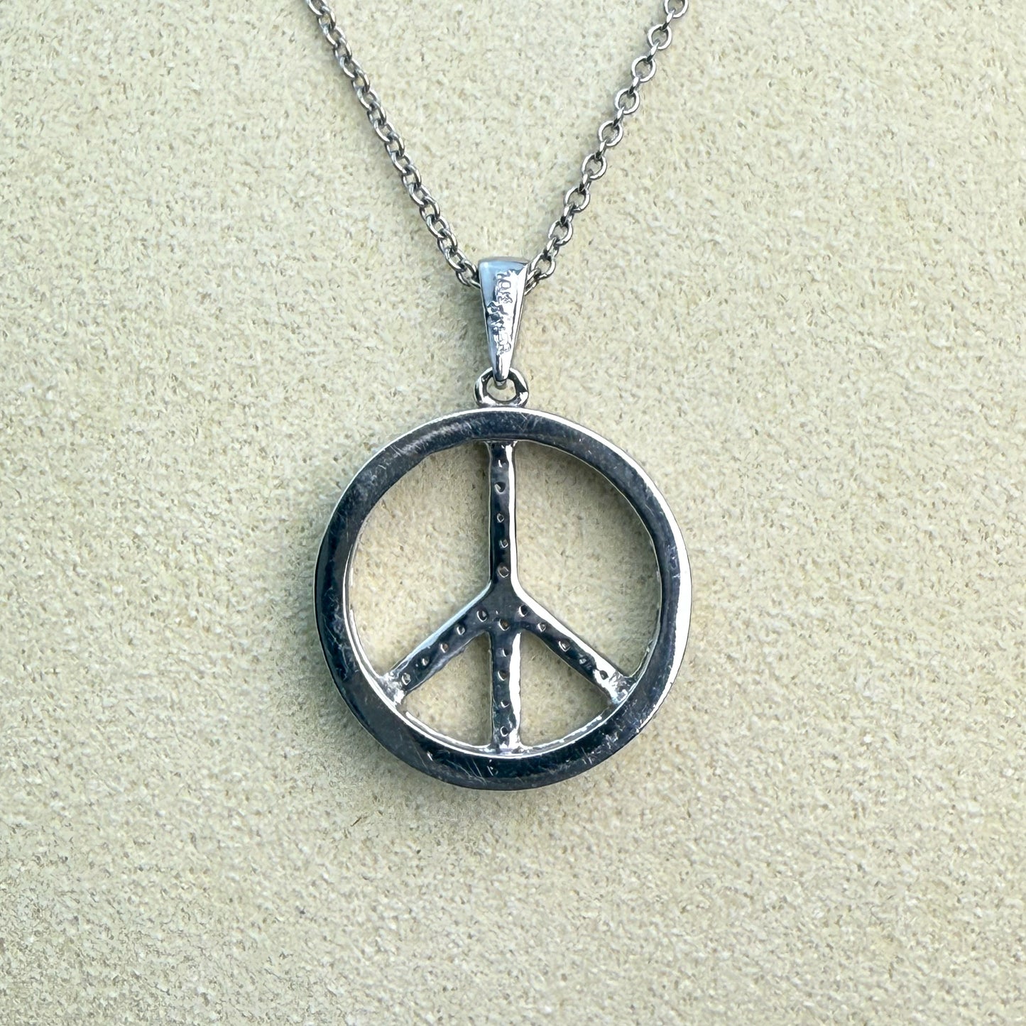 Estate 10K Diamond and White Gold Peace Sign Pendant, 1.42g