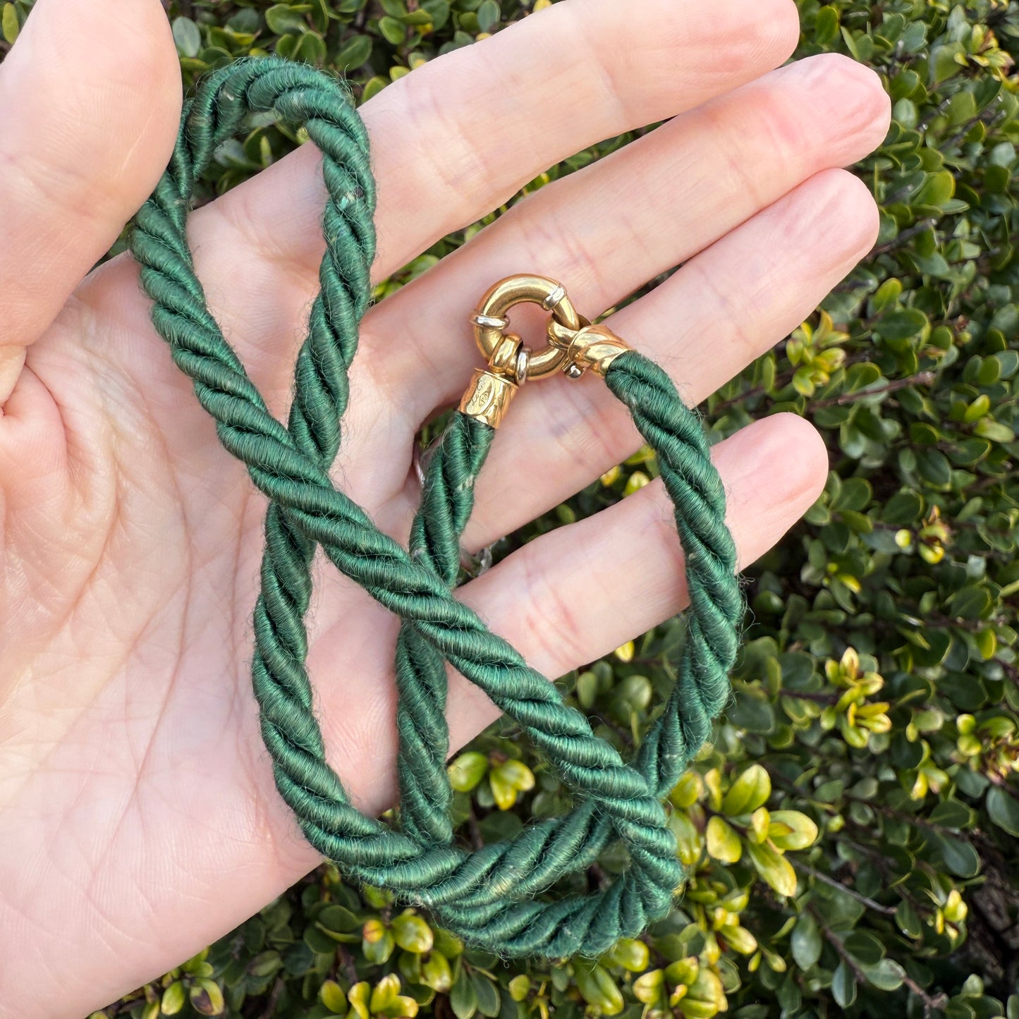 17.5" Vintage Green Silk Cord with 13mm 14K Gold Bolt Clasp