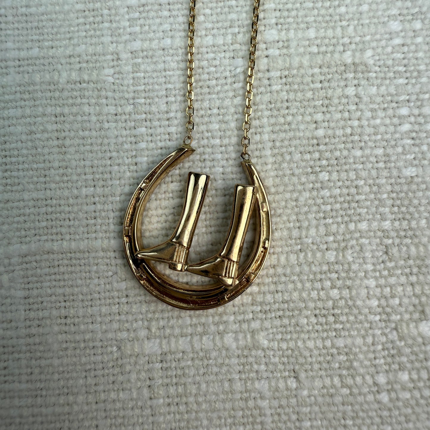 14K yellow Gold Horseshoe and Riding Boots Pendant 18" 4.94g