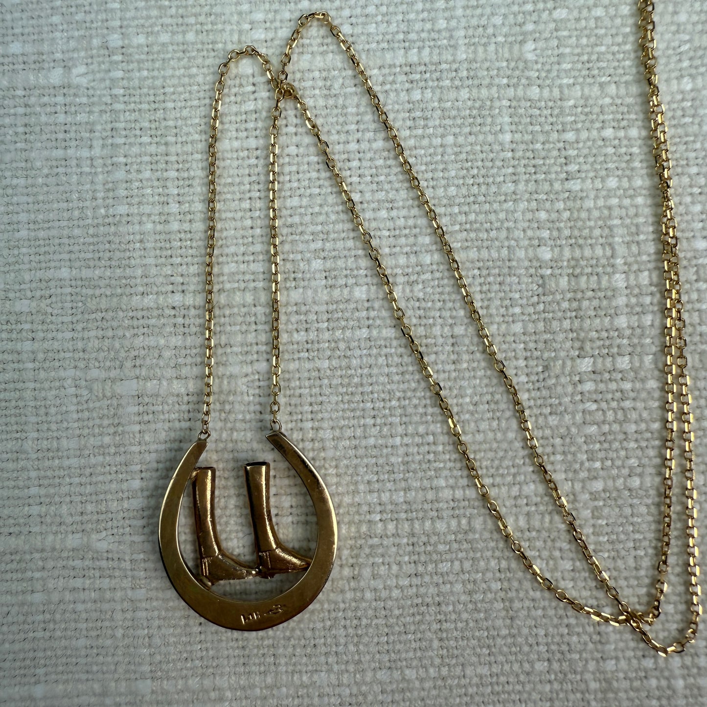 14K yellow Gold Horseshoe and Riding Boots Pendant 18" 4.94g