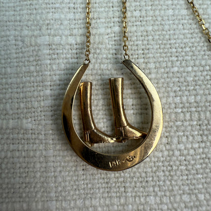 14K yellow Gold Horseshoe and Riding Boots Pendant 18" 4.94g
