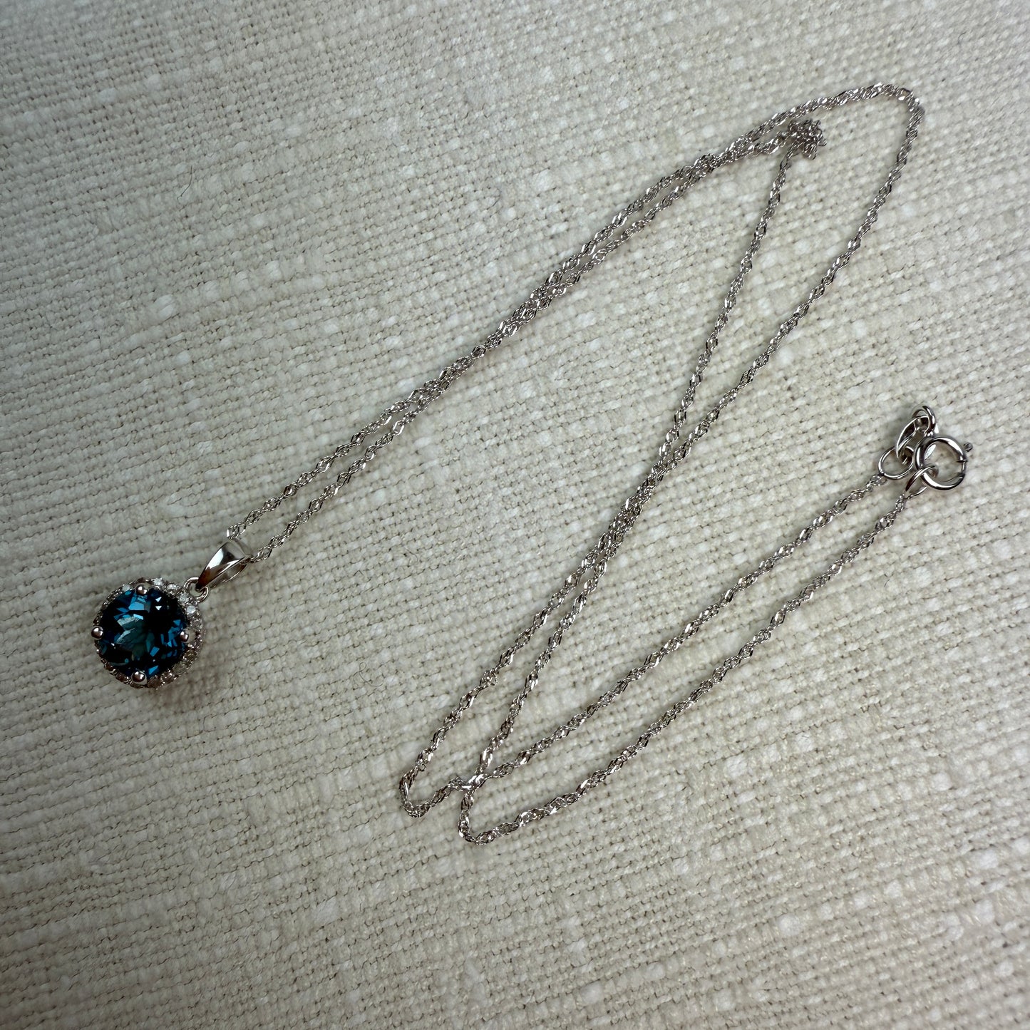 14K Vintage White Gold Halo Set London Blue Topaz and Diamond Pendant