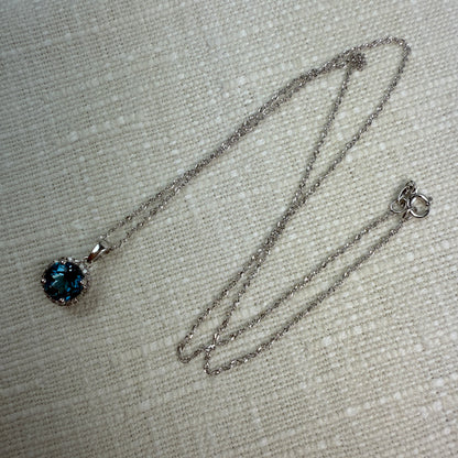 14K Vintage White Gold Halo Set London Blue Topaz and Diamond Pendant