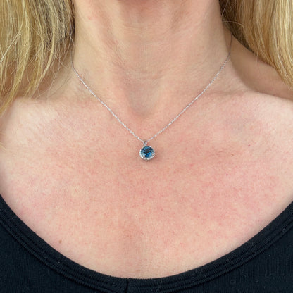 14K Vintage White Gold Halo Set London Blue Topaz and Diamond Pendant