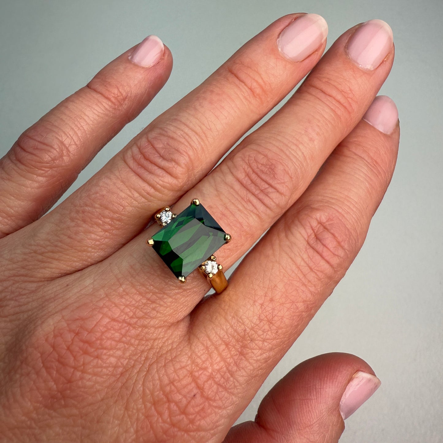 14K Natural Green Tourmaline (10.86 x 8.78) with diamonds Yellow Gold Statement Ring Size 8.25