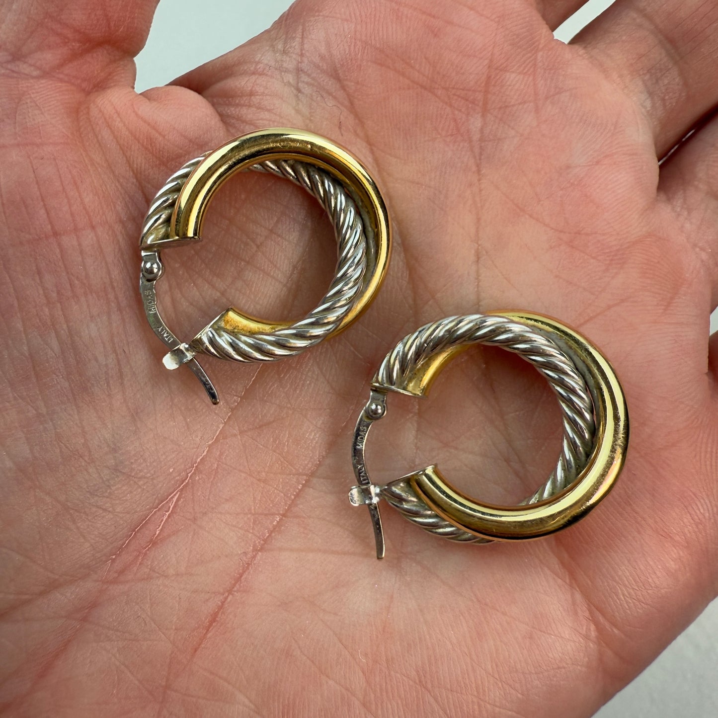 Italian Intertwined Cable Rope Hoops — 14K White & Yellow Gold, 8mm Diameter, 5.6mm Wide, 3g