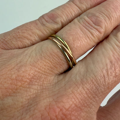 14K Italian Classic Triple Rolling Ring Yellow, White, and Rose Gold Size 4