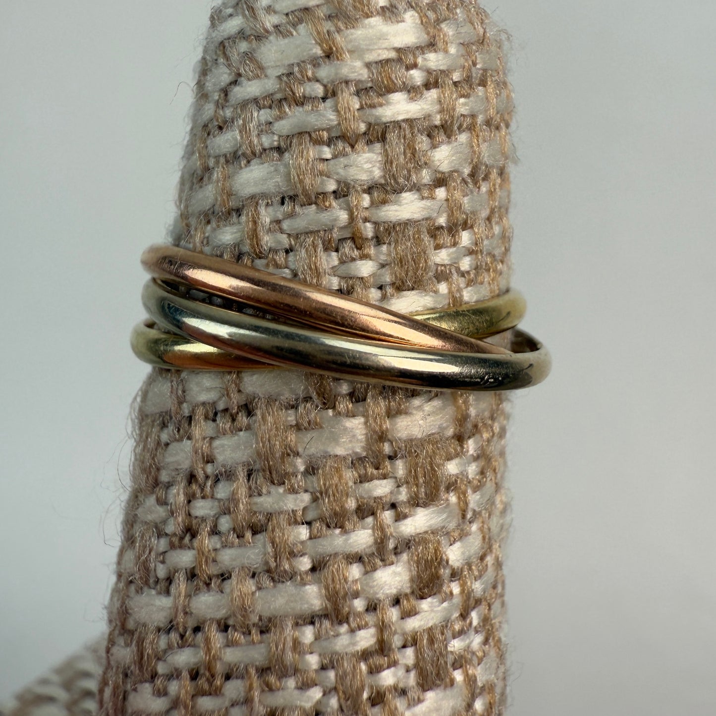 14K Italian Classic Triple Rolling Ring Yellow, White, and Rose Gold Size 4