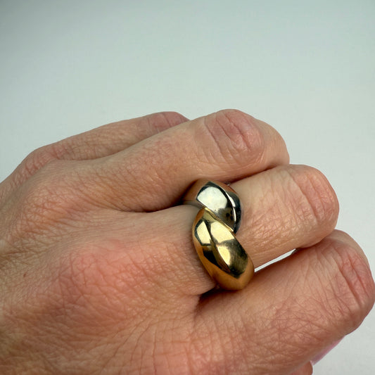 10K Vintage Sculptural Free-form Two-tone Yellow and White Gold Band 13.5mm, Size 6.5