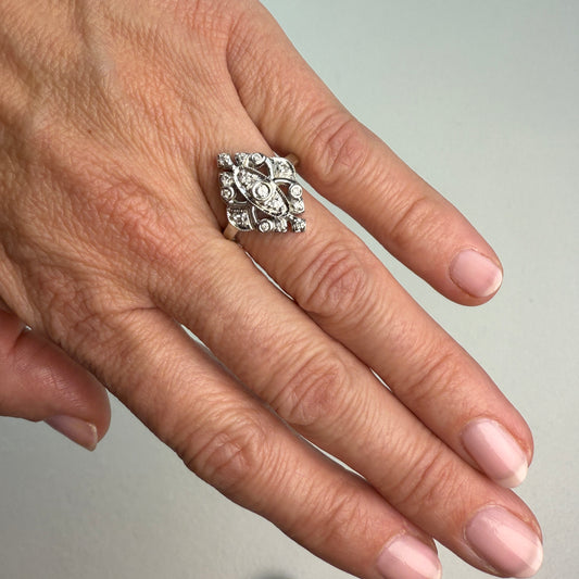 10K Art Deco-Style Diamond Shield Ring White Gold, Size 5.75