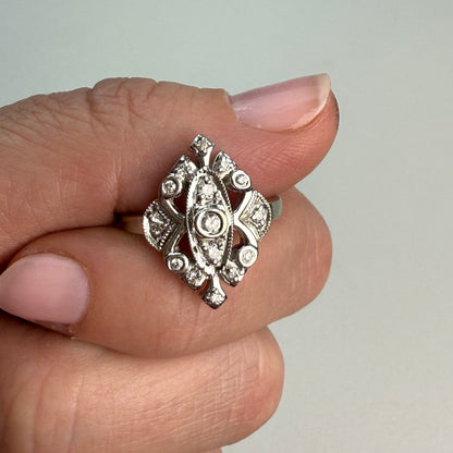 10K Art Deco-Style Diamond Shield Ring White Gold, Size 5.75