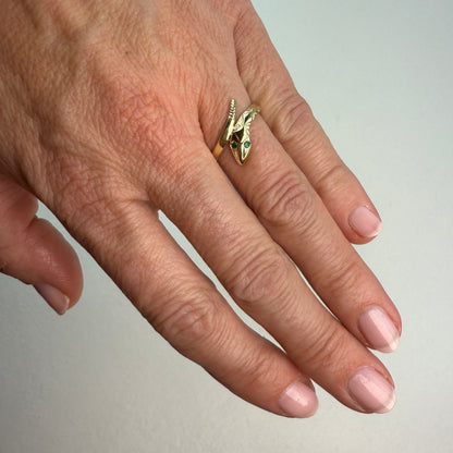 9K Yellow Gold with Emerald eyes snake ring, Size 7.25