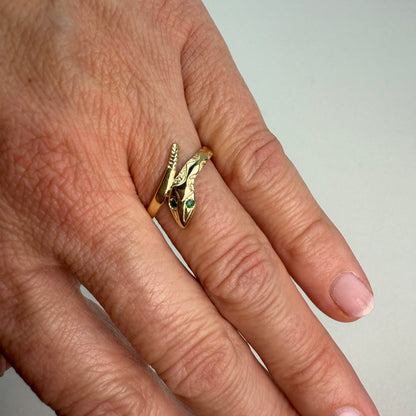 9K Yellow Gold with Emerald eyes snake ring, Size 7.25