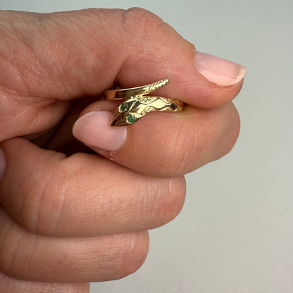 9K Yellow Gold with Emerald eyes snake ring, Size 7.25