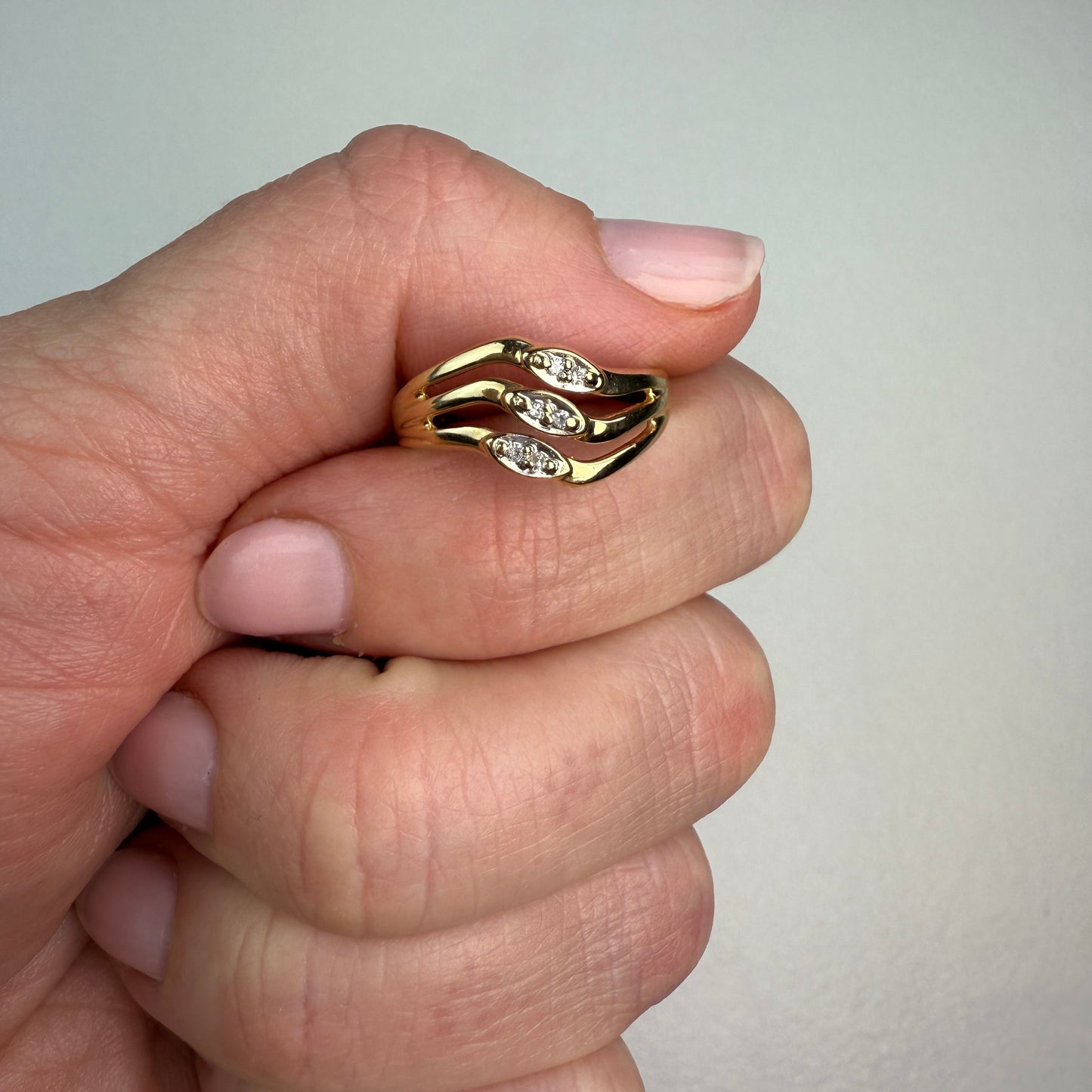 14K Vintage Wave Diamond and Yellow Gold Band 8.50mm, Size 6.25