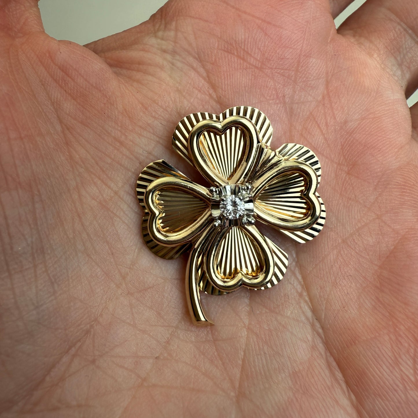 Vintage 14K Engine-turned Four-leaf Clover Pendant/Broochwith Diamond, 7.11 grams