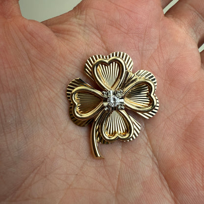 Vintage 14K Engine-turned Four-leaf Clover Pendant/Broochwith Diamond, 7.11 grams