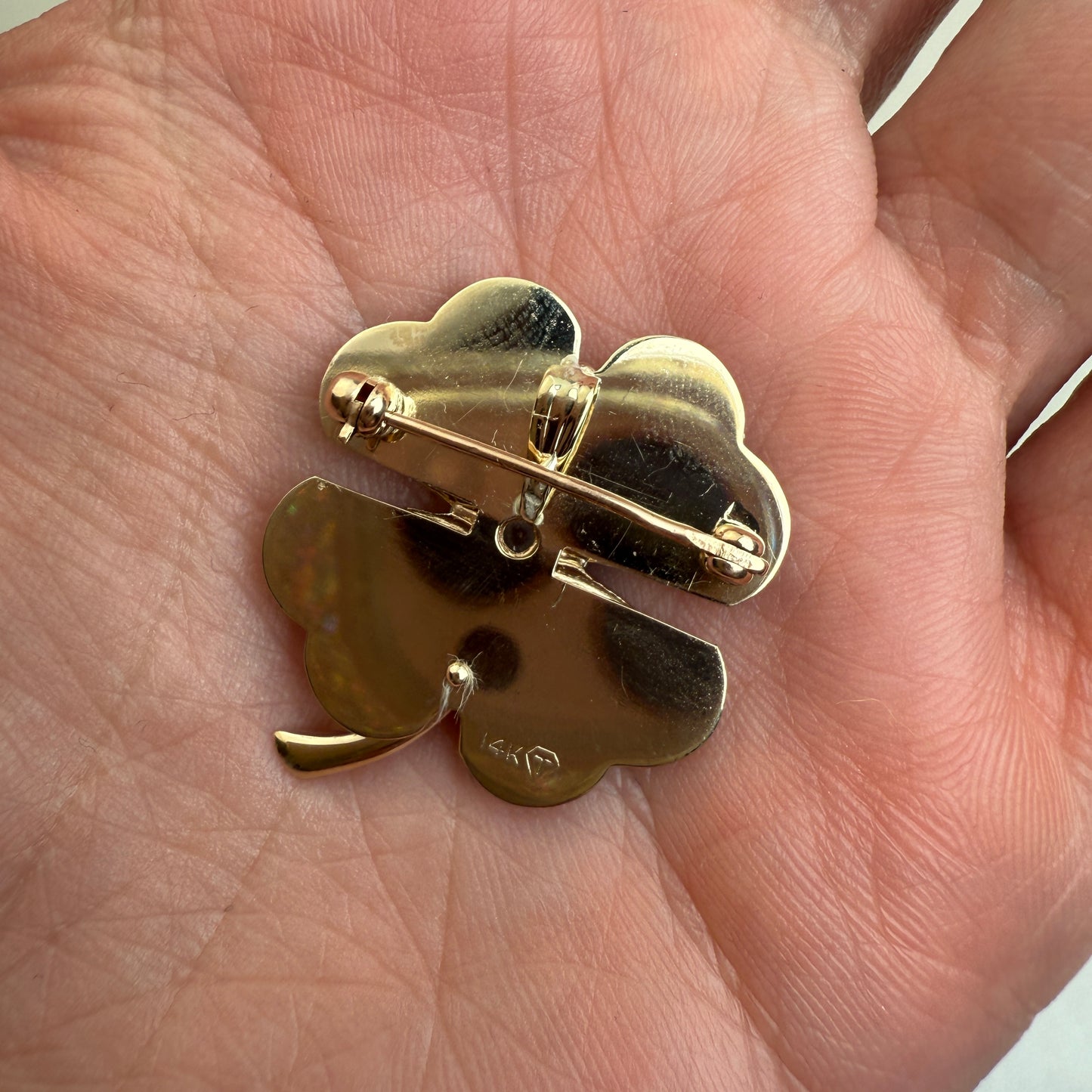 Vintage 14K Engine-turned Four-leaf Clover Pendant/Broochwith Diamond, 7.11 grams