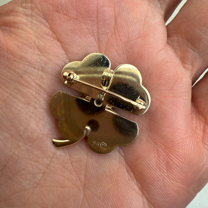 Vintage 14K Engine-turned Four-leaf Clover Pendant/Broochwith Diamond, 7.11 grams