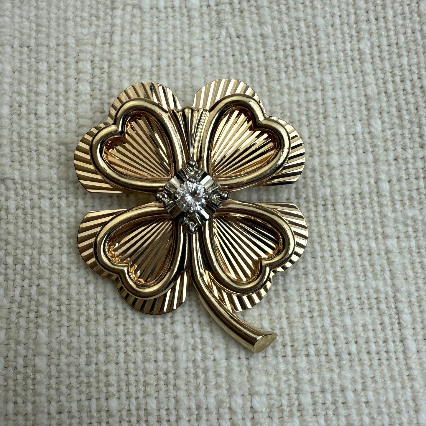 Vintage 14K Engine-turned Four-leaf Clover Pendant/Broochwith Diamond, 7.11 grams