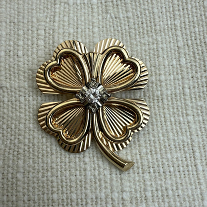 Vintage 14K Engine-turned Four-leaf Clover Pendant/Broochwith Diamond, 7.11 grams