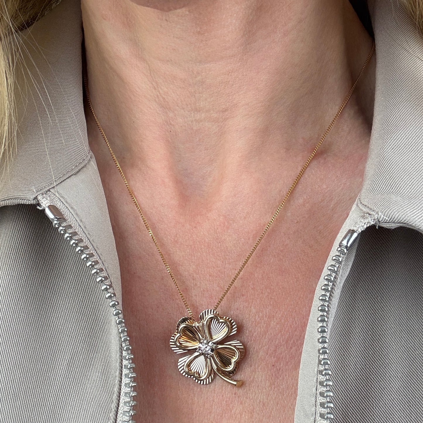 Vintage 14K Engine-turned Four-leaf Clover Pendant/Broochwith Diamond, 7.11 grams