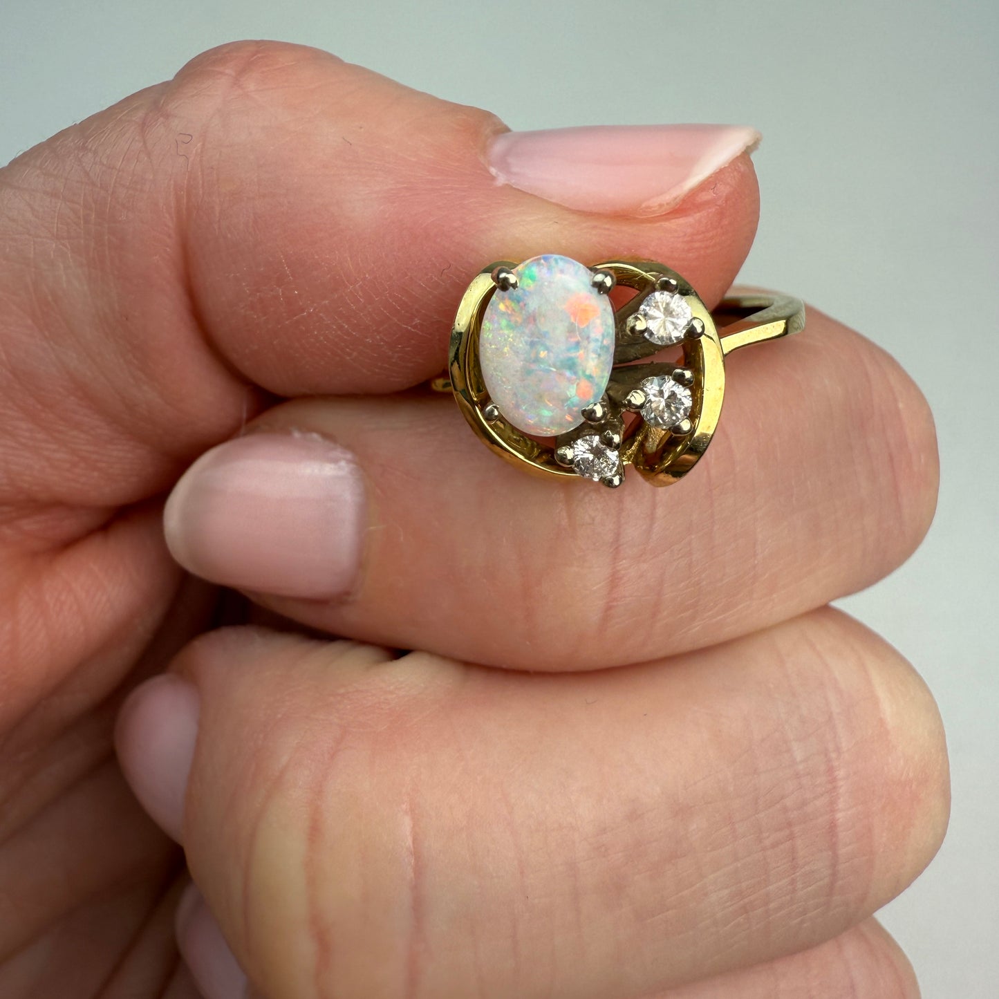 14K Vintage Opal and Diamond Yellow Gold Ring, Size 6.75