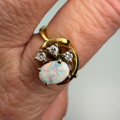 14K Vintage Opal and Diamond Yellow Gold Ring, Size 6.75