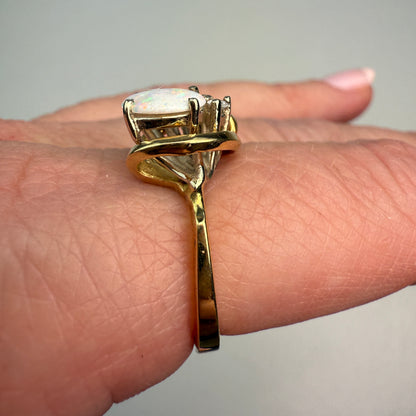 14K Vintage Opal and Diamond Yellow Gold Ring, Size 6.75