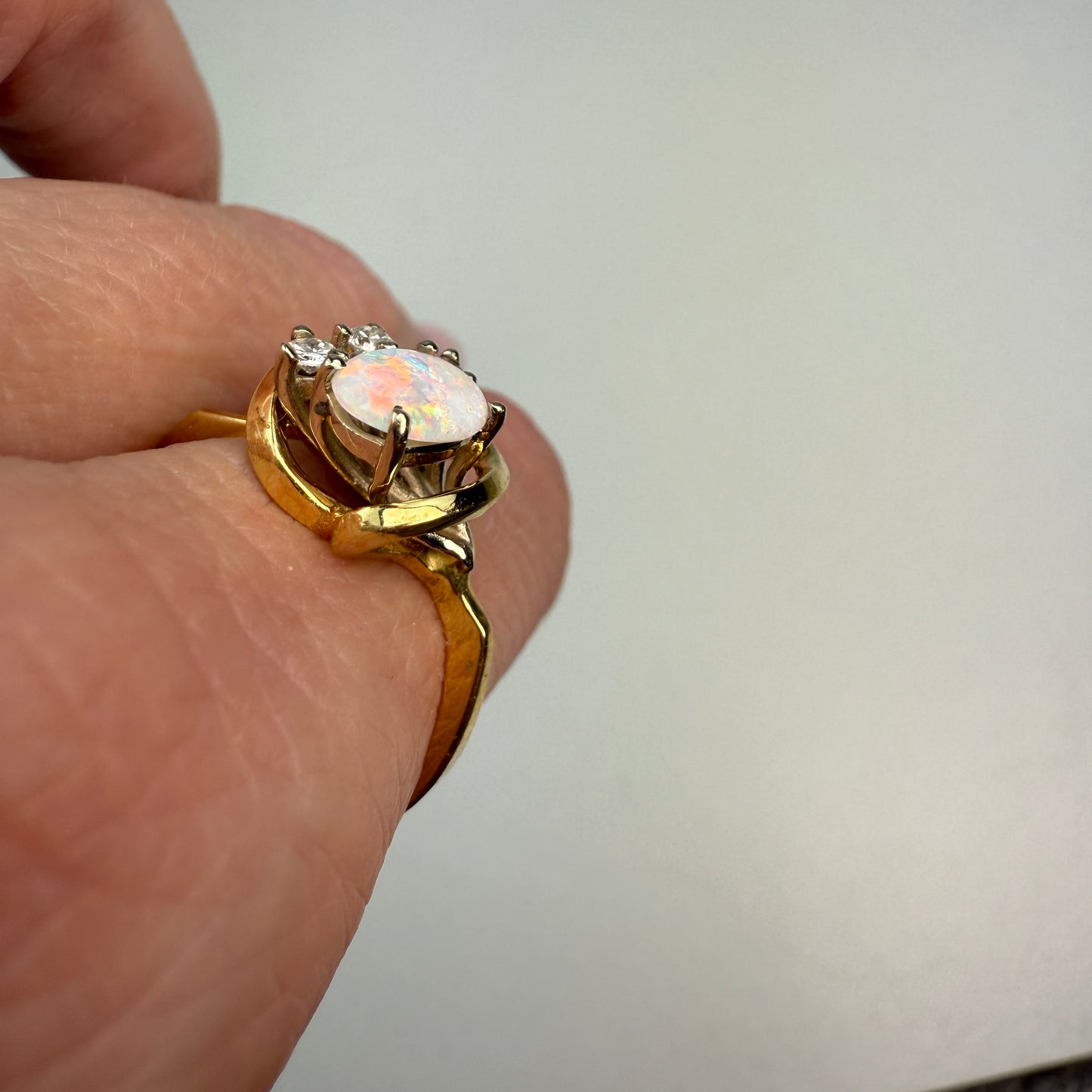 14K Vintage Opal and Diamond Yellow Gold Ring, Size 6.75