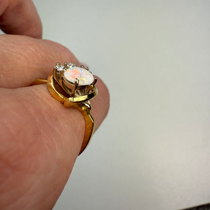 14K Vintage Opal and Diamond Yellow Gold Ring, Size 6.75