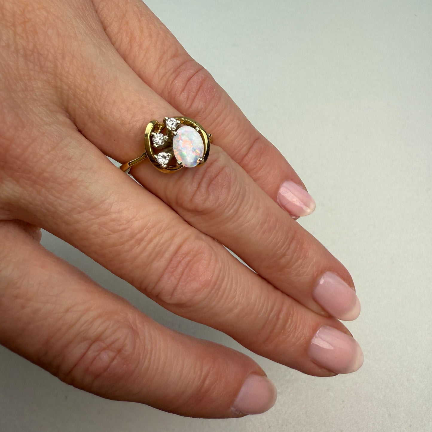 14K Vintage Opal and Diamond Yellow Gold Ring, Size 6.75