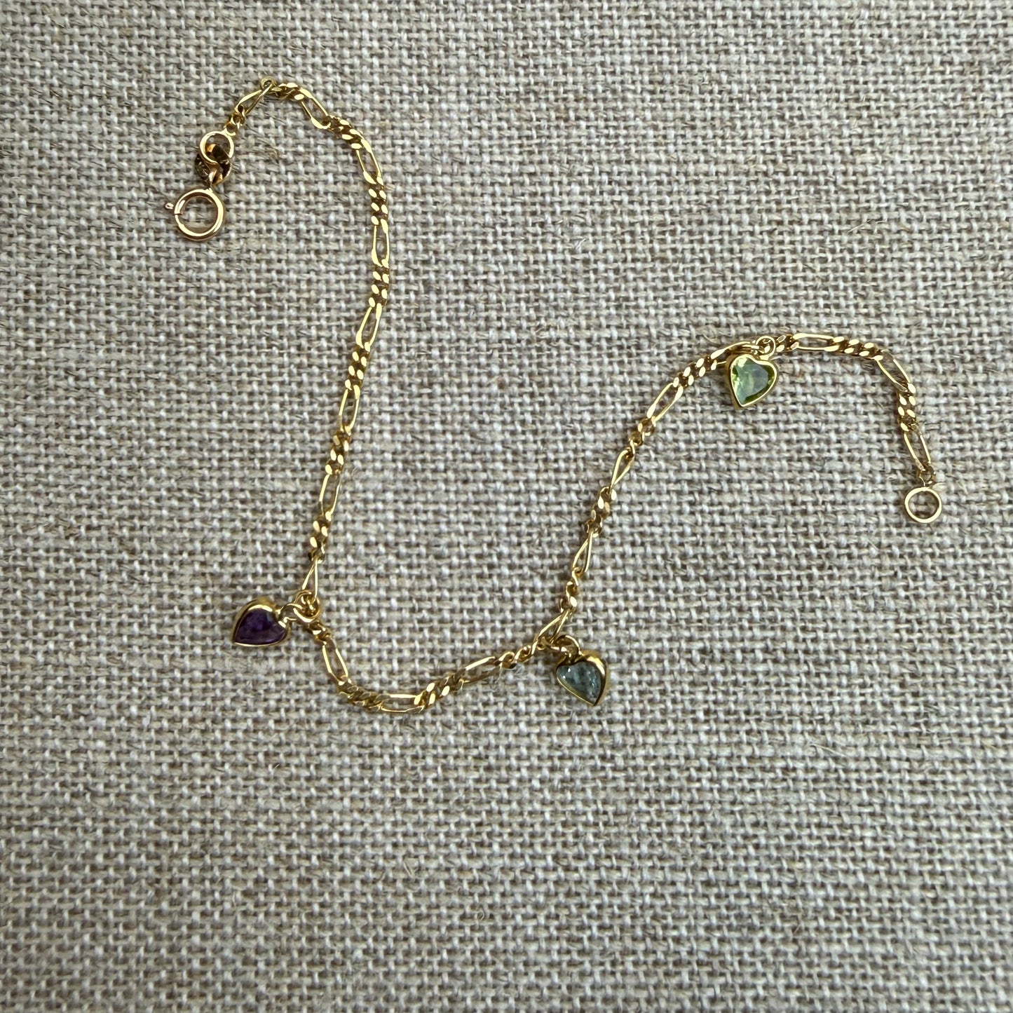 Estate 6.5" Solid 14K Yellow Gold Bracelet with Three Heart Shape Gemstones 2.06 g