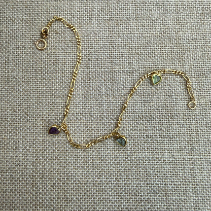 Estate 6.5" Solid 14K Yellow Gold Bracelet with Three Heart Shape Gemstones 2.06 g