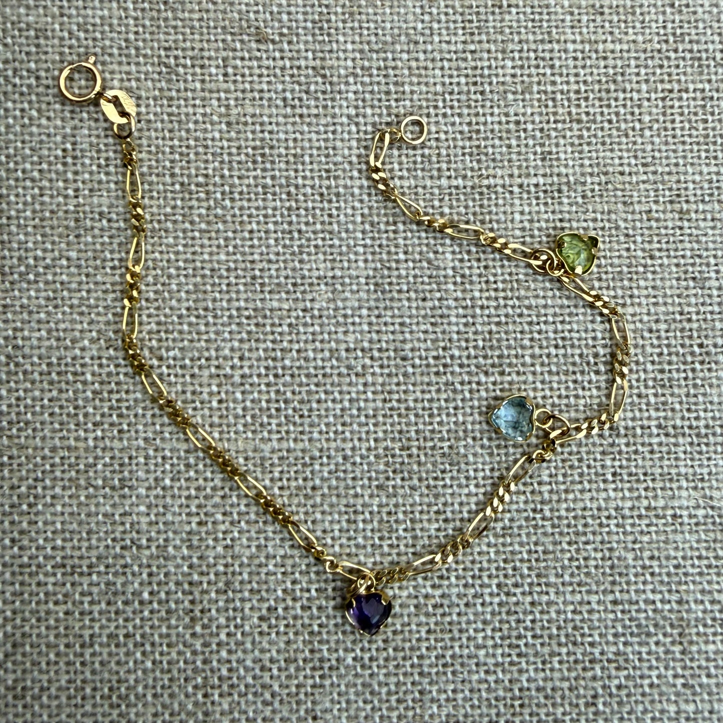 Estate 6.5" Solid 14K Yellow Gold Bracelet with Three Heart Shape Gemstones 2.06 g