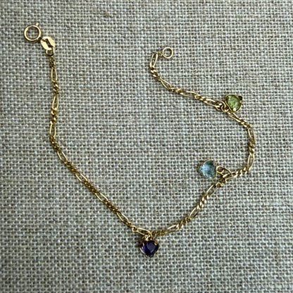 Estate 6.5" Solid 14K Yellow Gold Bracelet with Three Heart Shape Gemstones 2.06 g