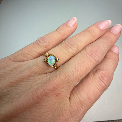 Vintage 1880s Victorian Opal and Diamond 14K Yellow Gold Ring, Size 5.25