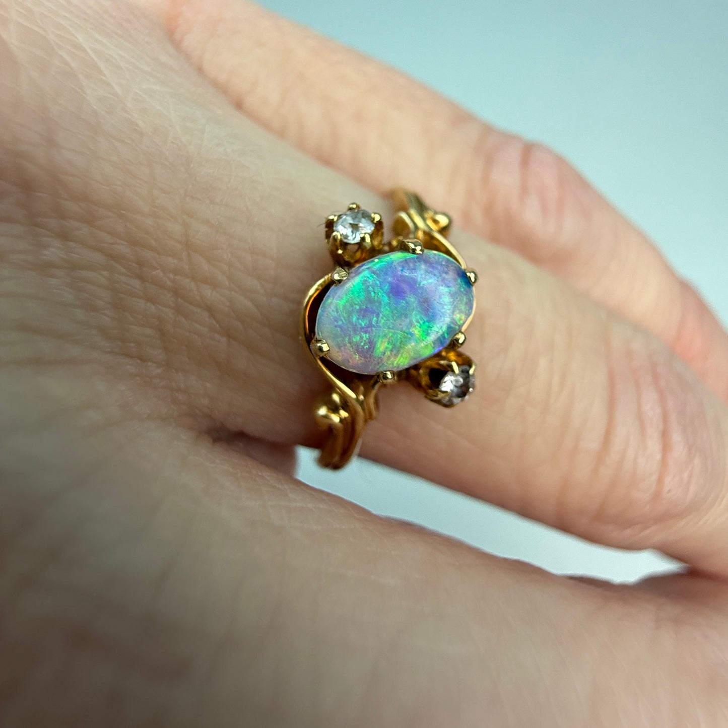 Vintage 1880s Victorian Opal and Diamond 14K Yellow Gold Ring, Size 5.25