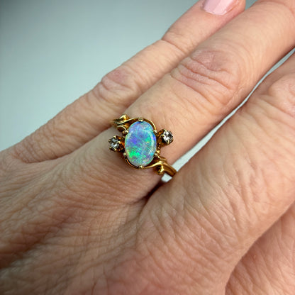 Vintage 1880s Victorian Opal and Diamond 14K Yellow Gold Ring, Size 5.25