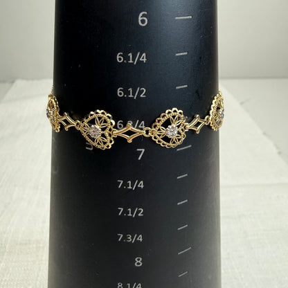 6.75" Solid 10K Two-tone Gold Filigree Heart Link Bracelet - 4.3 g