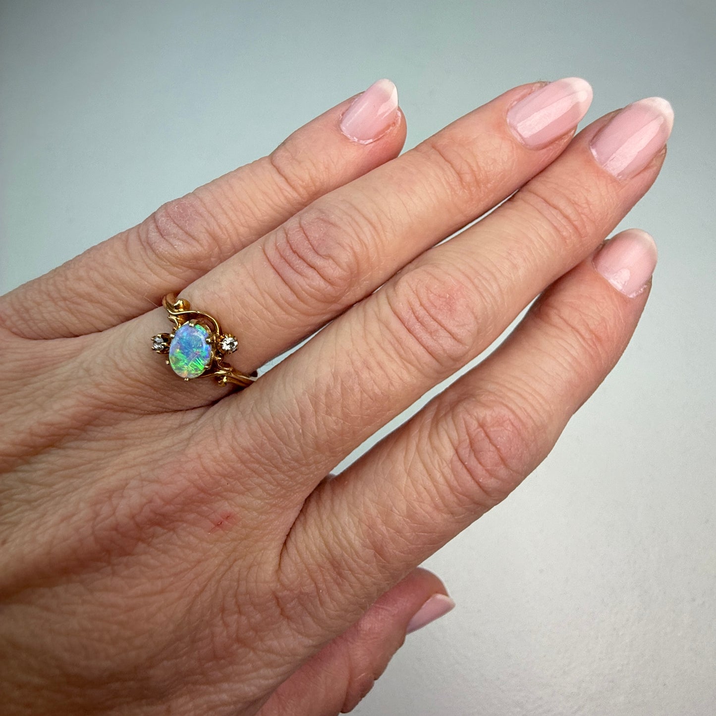 Vintage 1880s Victorian Opal and Diamond 14K Yellow Gold Ring, Size 5.25
