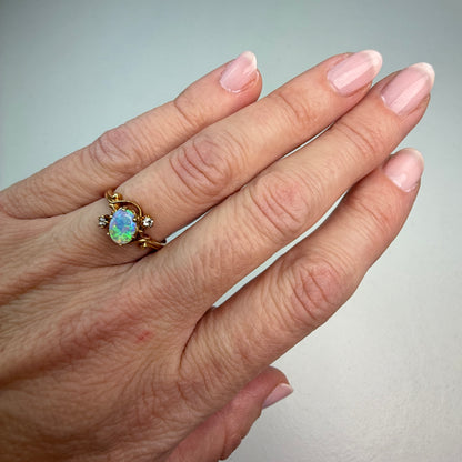 Vintage 1880s Victorian Opal and Diamond 14K Yellow Gold Ring, Size 5.25