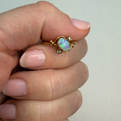 Vintage 1880s Victorian Opal and Diamond 14K Yellow Gold Ring, Size 5.25