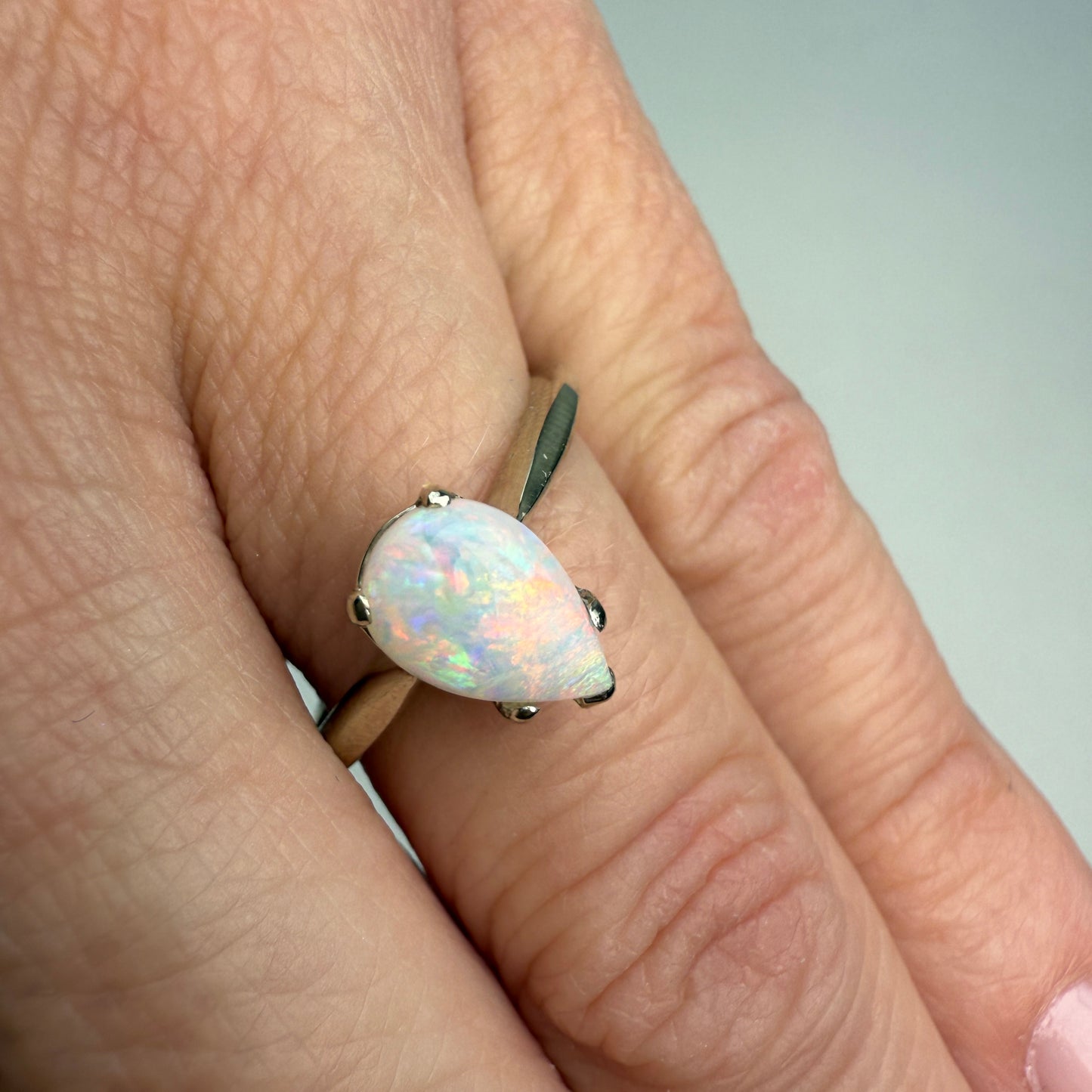 14K White Gold Pear Shape Opal Solitaire Ring, Size 7.75