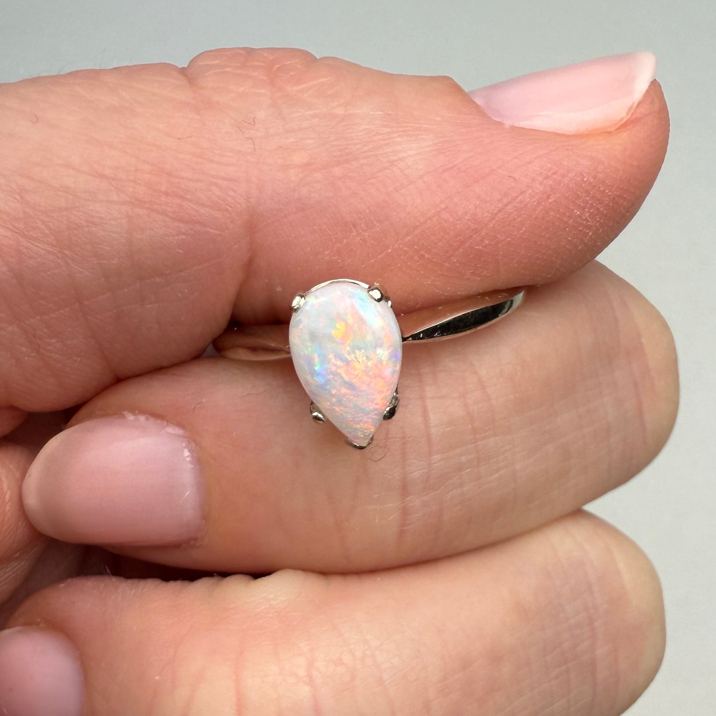 14K White Gold Pear Shape Opal Solitaire Ring, Size 7.75
