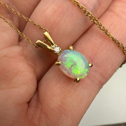 14K Opal with Diamond Yellow Gold Estate Necklace 18"