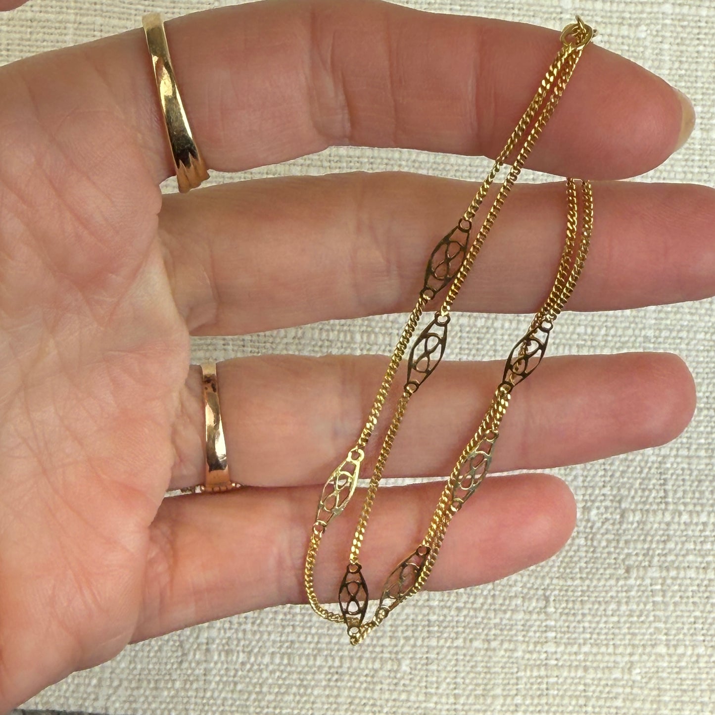 7" Vintage Italian Double Strand Filigree Station Bracelet 10K Yellow Gold 3.66mm 1.95g